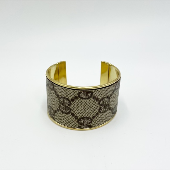 Gucci Monogram Wide Cuff Bangle in Gold - Picture 2 of 11